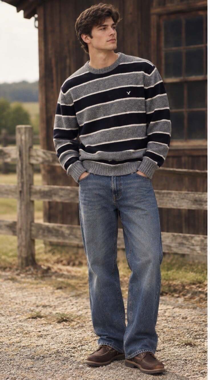 VTG AMERICAN EAGLE Mens M Striped CrewNeck Wool Blend Sweater Y2k Casual Retro